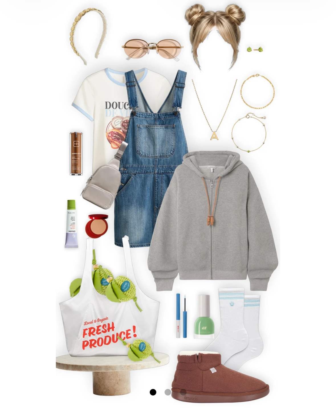 POPOFF Apple Picking challenge look with denim overalls, a gray hoodie, brown boots, produce bag, jewelry, and beauty accessories