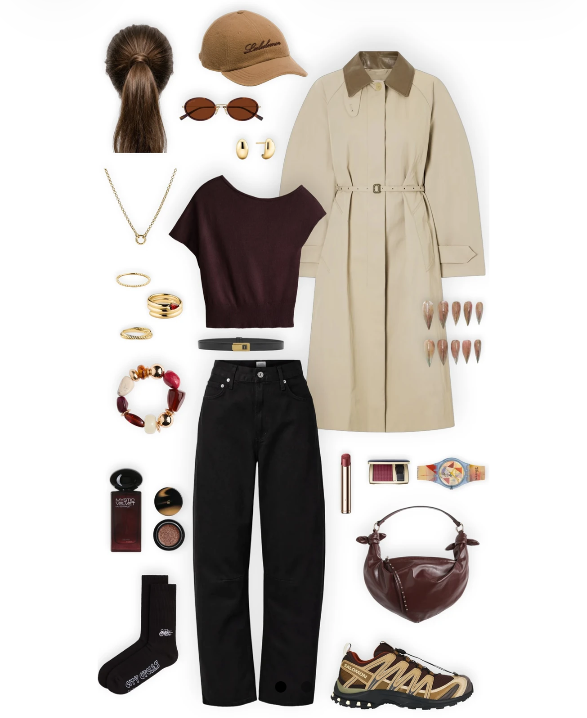 POPOFF New York day look with a belted trench coat, dark trousers, burgundy top and bag, cap, sneakers, and gold accessories