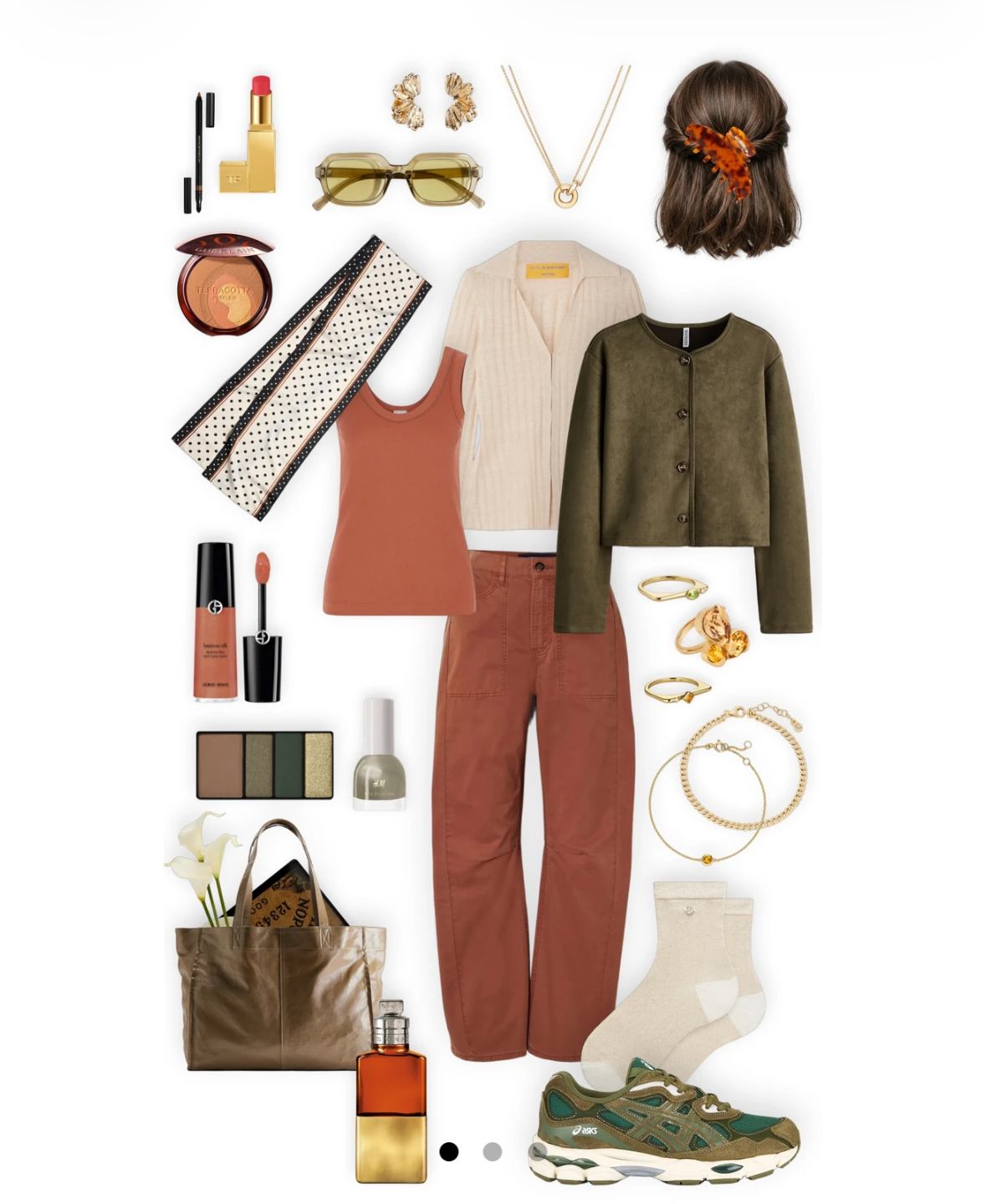 POPOFF early-autumn look in olive green and warm terracotta with layered tops, trousers, sneakers, jewelry, and beauty accessories