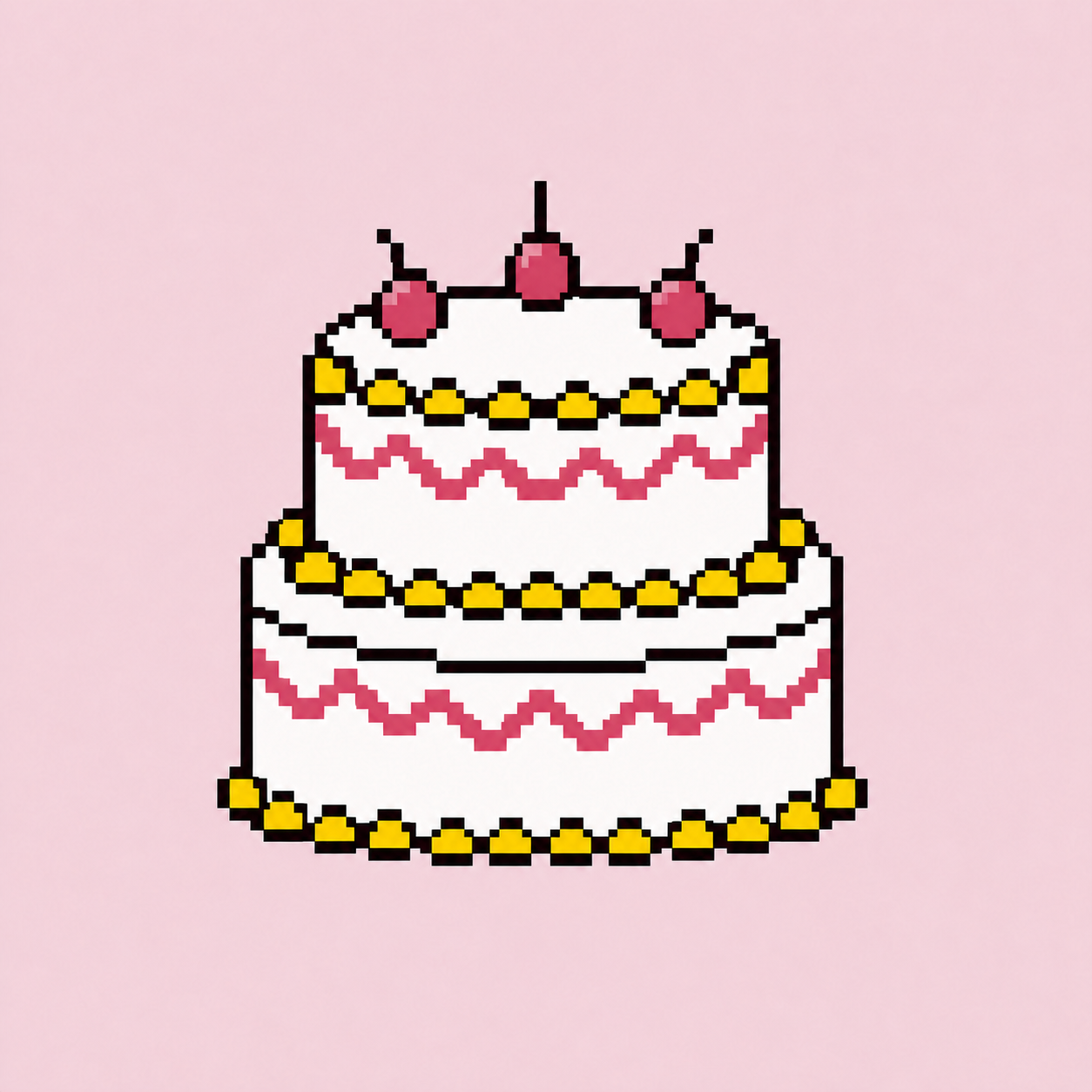 Pixel art tiered cake with pink cherries and yellow decorations