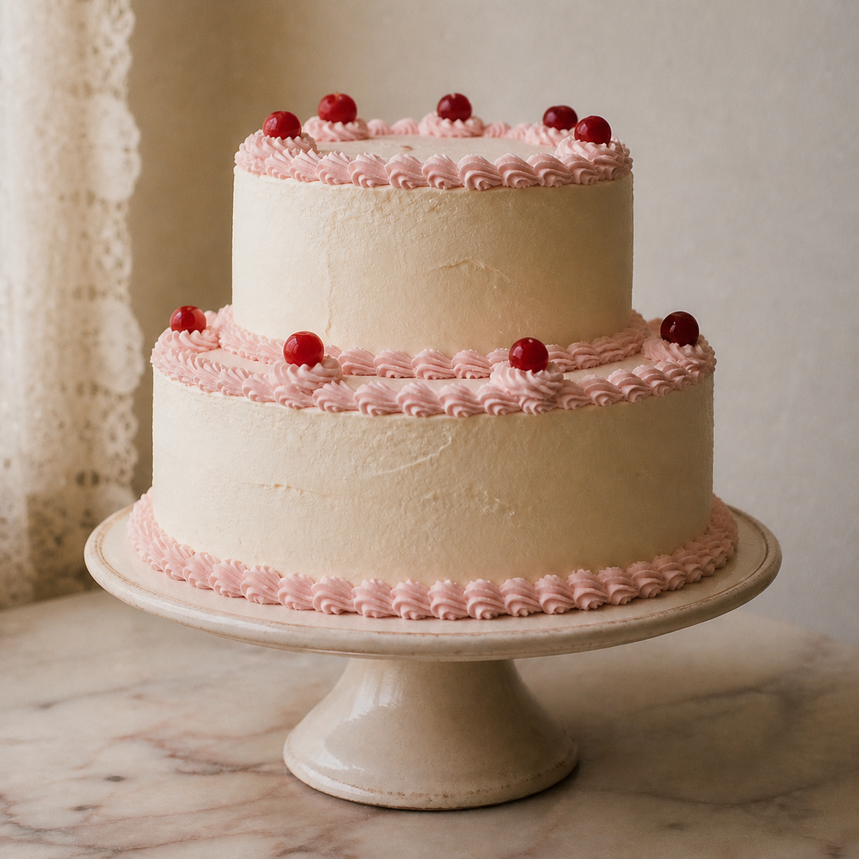 A classic tiered layer cake with pink piped frosting and cherries