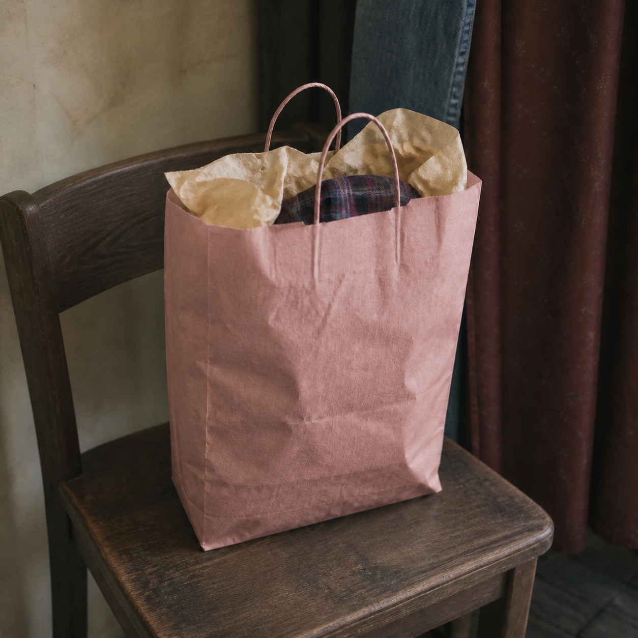 A pink paper shopping bag filled with clothing