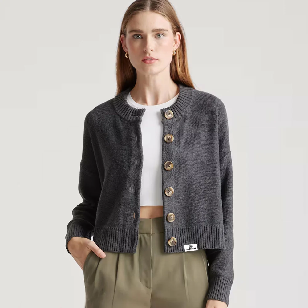 Quince organic cotton cropped cardigan in charcoal